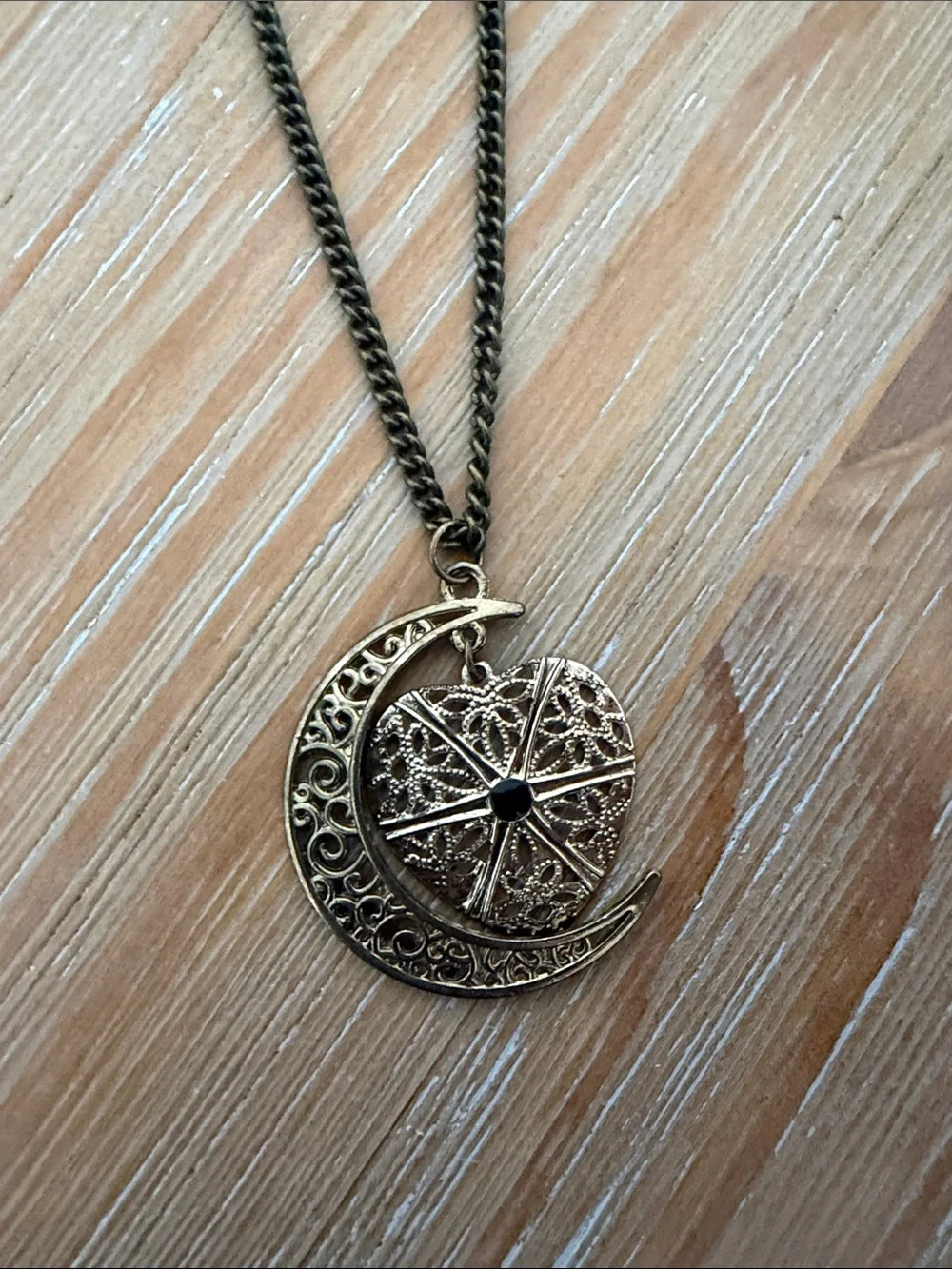 Gold Crescent Moon Filigree Heart Pendant Necklace